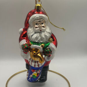 Vintage Brass Key Christmas Santa with Teddy Bear Ornament Red White